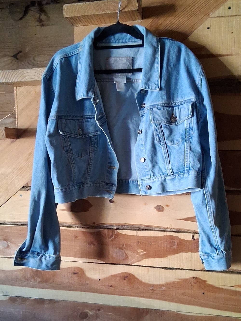 Moda Int'l Light Blue Crop Denim Jacket with Gold Stitching